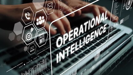 Poster - Hands Typing on Laptop with Overlay of Operational Intelligence Graphics and Data Visualization Elements Related to Analytics. Asymptotic smart data analytic.