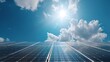 © PixelVista - Low angle, sunlit solar panels on residential roof, vibrant blue sky, energy independence, renewable energy .