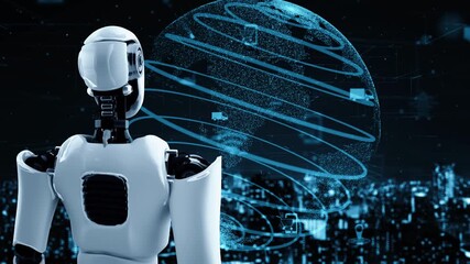 Poster - Futuristic robot artificial intelligence huminoid AI transportation analytic technology development and machine learning concept. Global robotic science research for future of human . 3D rendering.