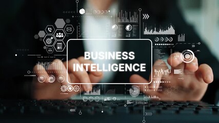 Poster - Business Intelligence Concept with Data Visualization on Laptop Screen in Modern Office Environment. Asymptotic smart data analytic.