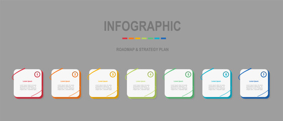 Wall Mural - For business concept with 7 steps infographics, rectangle shape with multicolor label, design for workflow layout, diagram, annual report, web design. vector illustration