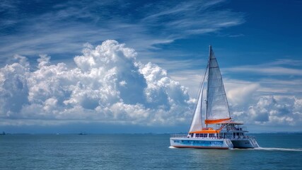Wall Mural - catamaran sailing gracefully near the coast on a bright, sunny day, surrounded by impressive cumulus