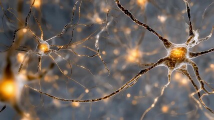 Wall Mural - Closeup depiction of illuminated synapses and nerve endings showcasing the intricate web of neural pathways pulsating with life against a muted gray canvas symbolizing cognitive processes