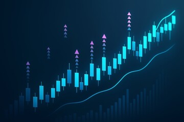 Poster - Financial candlestick chart with glowing lines and arrow indicators showing market growth trend on dark background for business analytics concept.