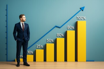 Poster - Businessman standing beside a growing yellow bar chart with percentages and upward arrow on light blue background, symbolizing business success and growth.