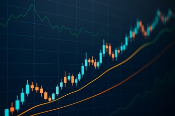 Poster - Colorful financial candlestick chart with trend lines on dark background showing market growth concept in business analytics and investment strategy.