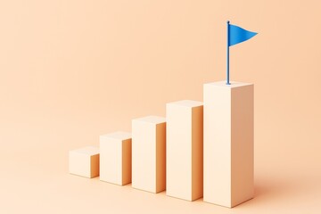 Poster - Minimalist business growth chart with blue flag on top of bar, symbolizing success and achievement on light peach background. Ai generative.