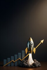 Poster - Metallic rocket launching upward with golden arrow and bar chart symbolizing business growth on dark background with dramatic lighting concept.