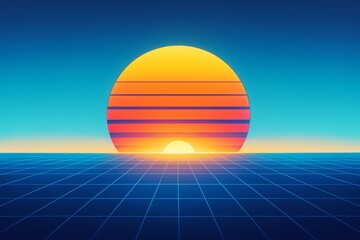 Poster - Futuristic abstract sunset landscape with digital grid foreground and glowing striped sun on blue gradient sky background in retro graphic style. Ai generative