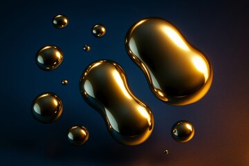 Poster - Abstract golden liquid shapes with glossy reflections floating on dark gradient background in futuristic design style. Ai generative. Ai generative