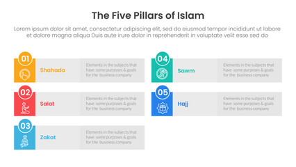 Poster - five pillars of islam infographic template banner with long rectangle box grey background with 5 point list information for slide presentation