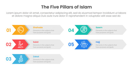 Poster - five pillars of islam infographic template banner with arrow on rectangle box right direction with 5 point list information for slide presentation