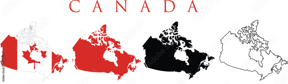 Set of isolated Canada maps in original, silhouette and outline. Canada ...