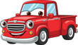 © Ideasy Mind - Cute red cartoon pickup truck, smiling face, big eyes, friendly vehicle illustration, children’s clipart art, fun transport, animated style