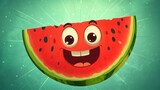 Cartoon watermelon slice with a happy face, radiating cheerful energy.