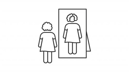 Poster - Animated woman looking at mirror line icon. Lady assessing body weight with self reflection animation. Healthy self esteem. Outline element on white background. HD video with alpha channel