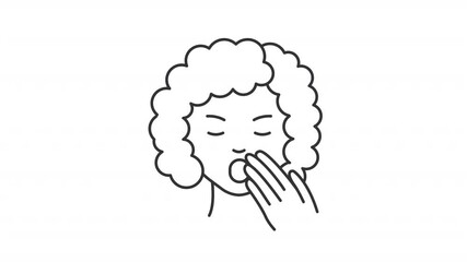 Poster - Animated yawning woman line icon. Tired female covering mouth by hand animation. Curly haired lady expressing sleeplessness. Outline element on white background. HD video with alpha channel