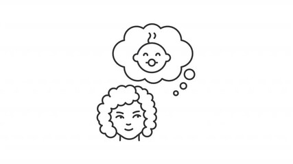Poster - Animated woman dreaming about baby line icon. Female and thought bubble with infant child animation. Motherhood lifestyle. Outline element on white background. HD video with alpha channel