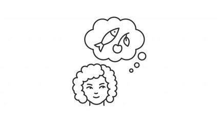 Poster - Animated hungry woman thinking of food line icon. Female planning dinner animation. Lady dreaming about weird products combination. Outline element on white background. HD video with alpha channel