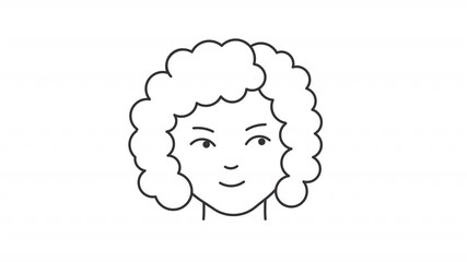 Poster - Animated happy dreaming woman face line icon. Smiling female with short curly hair animation. Positive emotions radiating. Outline element on white background. HD video with alpha channel