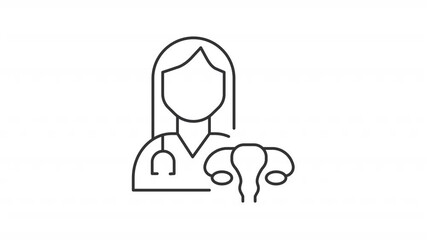 Poster - Gynecology line animation. Woman doctor and uterus model animated icon. Reproductive health care. Gynecologist appointment. Outline element on white background. HD video with alpha channel