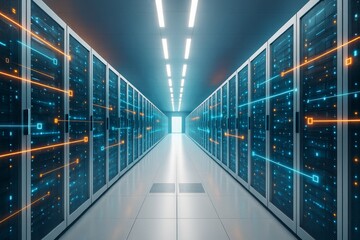 Poster - Futuristic data center corridor with glowing light trails and digital connections on server racks in a high-tech industry background environment.