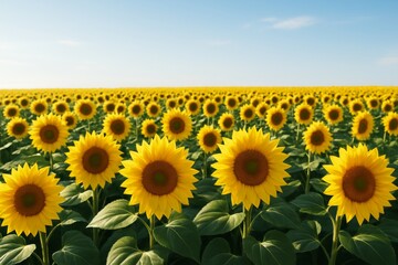 Wall Mural - vast sunflower field under bright sunlight with clear blue sky background, capturing summer nature's