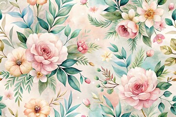  Floral pattern with pink flowers and green leaves