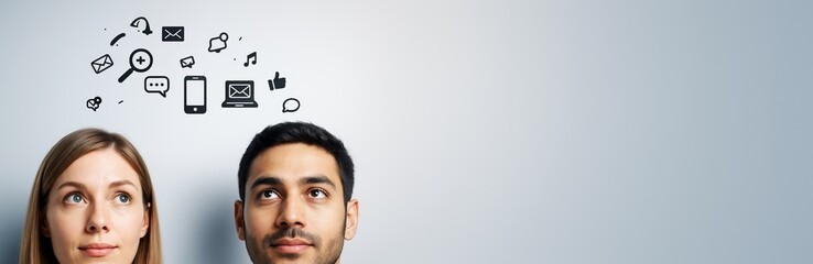 Poster - Thoughtful people looking up at digital communication icons on light background with copyspace for advertising or promotional concept design.