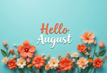  Hello August floral greeting with colorful flowers on pastel blue background, cheerful and decorative
