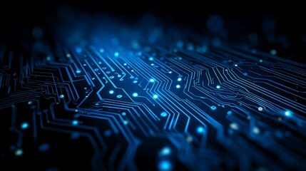 Poster - A close up view of a blue lit circuit board with glowing points and intricate lines on a dark surface