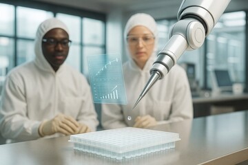 Poster - Futuristic robotic arm conducting lab test with scientists observing in sterile environment using digital data charts and graphs in background. Ai generative