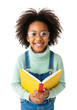 © Lyda - Young afro american girl, 7-9, curly hair, clear glasses, mint turtleneck, denim overalls, holding yellow book with red spine, smiling at viewer, against transparent studio with copy space, high angle