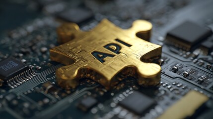 Poster - A golden api puzzle piece resting on a circuit board with visible chips and intricate pathways design