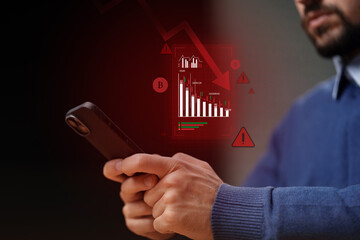 Poster - Tracking cryptocurrency trends with mobile app during market fluctuations at home in evening hours