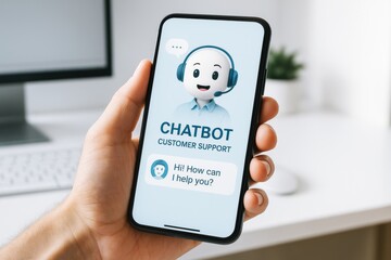 Poster - Hand holding smartphone with chatbot customer support interface and friendly assistant avatar on screen in modern office environment. Ai generative. Ai generative