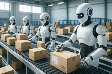 Poster - Futuristic humanoid robots sorting packages on conveyor belts in a high-tech warehouse with bright light and abstract industrial background. Ai generative