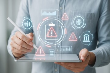 Poster - Businessman using tablet with digital warning icons for risk management and compliance concept on light background. Ai generative.
