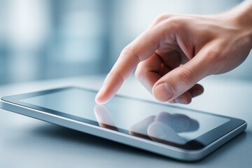Poster - Close-up of hand interacting with touchscreen tablet on light background, symbolizing modern digital technology and user interface concept.