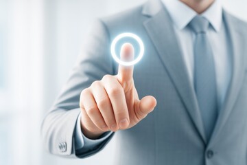 Poster - Businessman in suit touching glowing virtual button with finger on futuristic tech background in modern user interface concept. Ai generative.