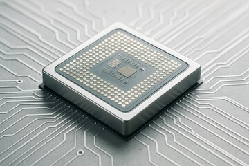 Poster - Close-up of microchip on electronic board with detailed circuit lines symbolizing advanced technology and innovation in tech systems and business.