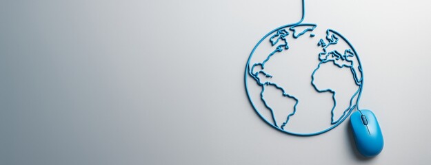 Poster - Blue computer mouse cable forming a world map on a clean gradient background, symbolizing global connectivity and digital technology concepts.