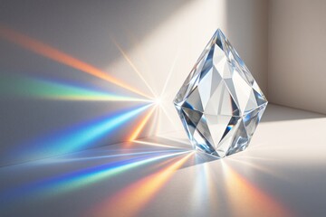 Poster - Abstract crystal prism casting rainbow light rays on white background, creating a creative and colorful light dispersion effect in composition. Ai generative