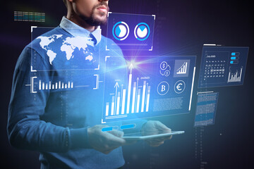 Poster - Professional analyzing data on a digital tablet with futuristic interface elements and global information