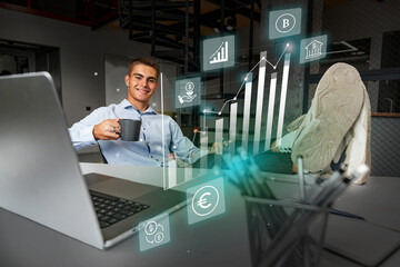 Poster - Professional man enjoying coffee while analyzing financial growth in a modern office setting