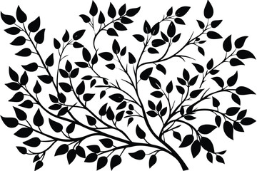 Black silhouette of a leafy tree branch with many leaves