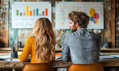 Poster - Young business team analyzing colorful marketing charts and data graphs on office wall brainstorming strategy meeting