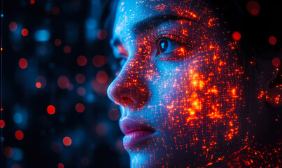 Poster - Close-up portrait of woman face with glowing digital data dots in blue and orange light, AI technology concept of human and machine interaction in software development and innovation