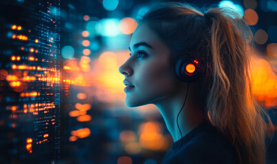 Poster - Young woman wearing headphones analyzing digital data stream on futuristic transparent screen with glowing interface and bokeh lights in dark environment technology concept
