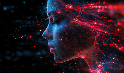 Poster - Abstract human face composed of glowing red and blue digital particles with futuristic technology and artificial intelligence concept background